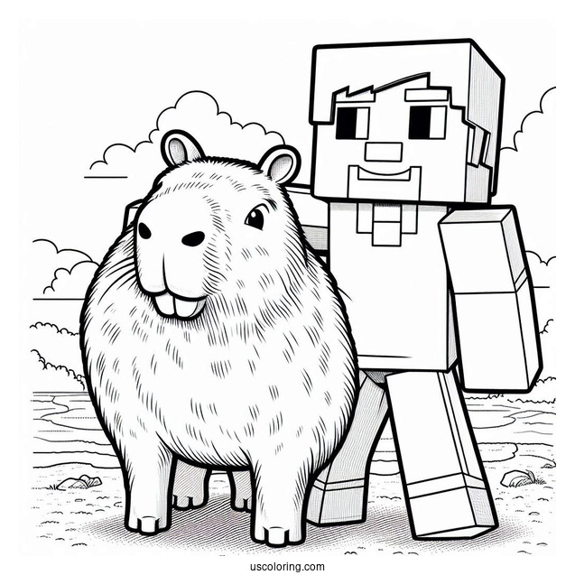 Minecraft Steve With A Capybara Coloring Page For Kids