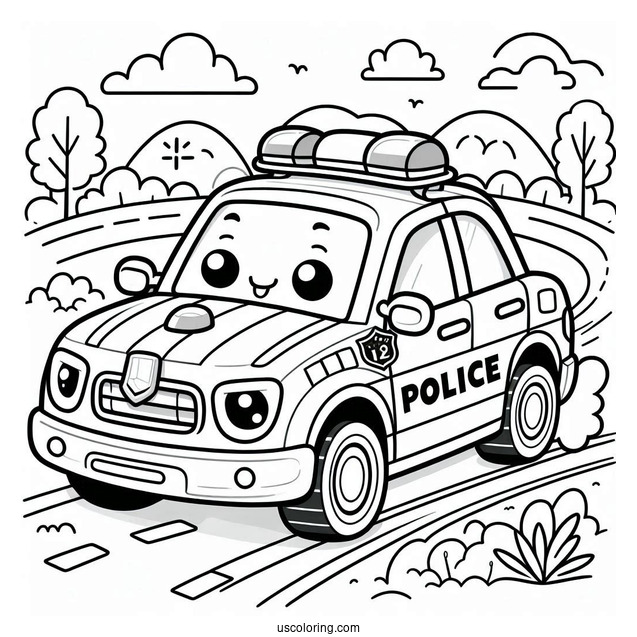 Cute Police Car Coloring Page Speeding On The Road For Kids