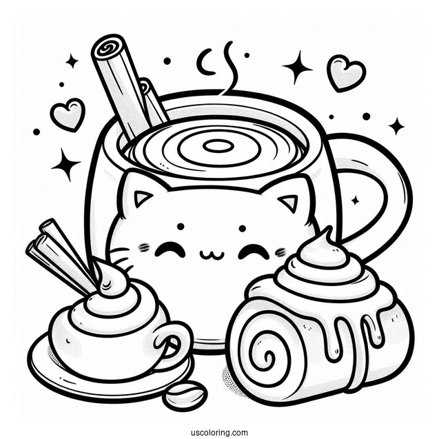 Kawaii Cat In Coffee Coloring Pages Cup With Whipped Cream And Cinnamon Rolls