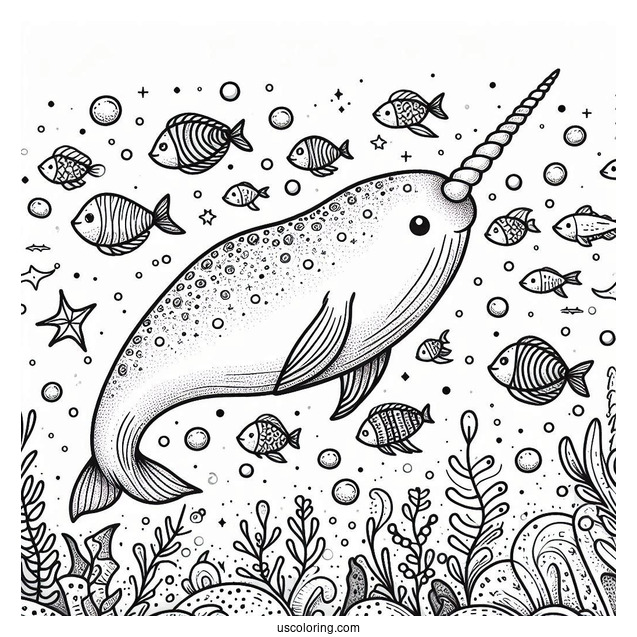 Narwhal Coloring Page Swimming With Fishes