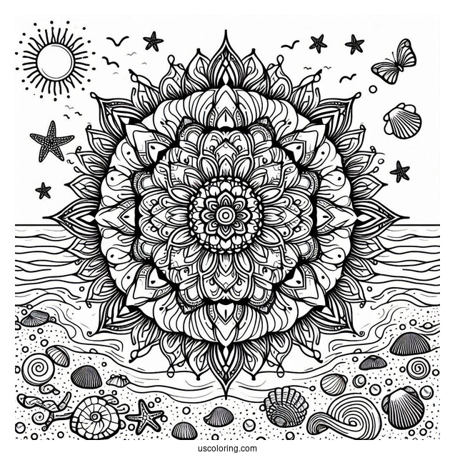 Beach Coloring Page Mandala With Seashells