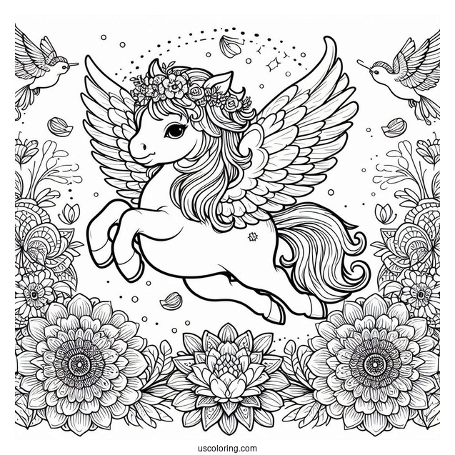 Baby Pegasus Coloring Page Leaping Over Flower Mandala