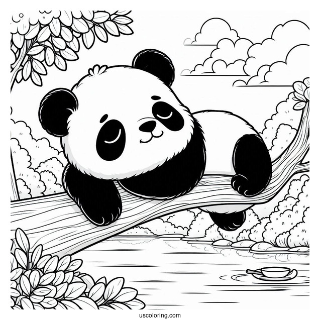 Peaceful Panda Coloring Page Sleeping on a Tree Branch Overlooking a Lake