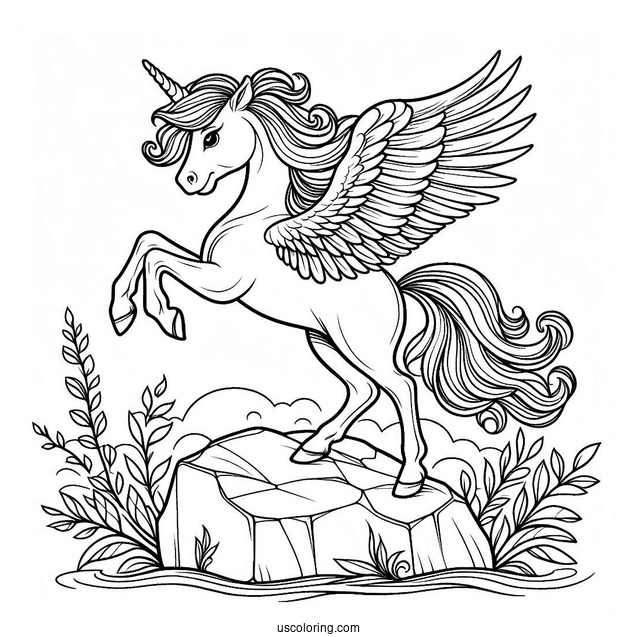 Pegasus Coloring Page Standing On A Rock