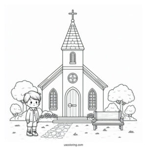 Little Boy Standing In Front Of A Church Coloring Page