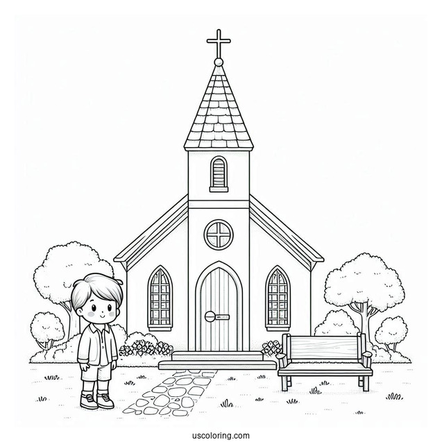 Little Boy Standing In Front Of A Church Coloring Page