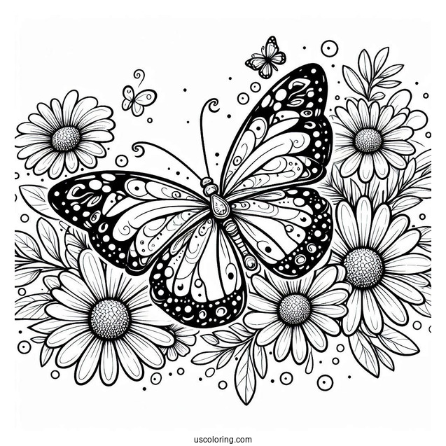 Butterfly Coloring Page Surrounding A Bunch Of Daisies
