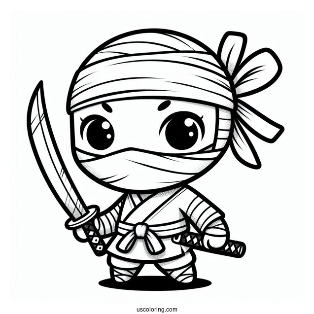 Easy Chibi Ninja With A Sword Coloring Page For Preschoolers