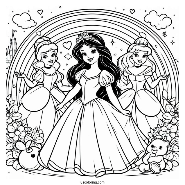 Beautiful Snow White, Cinderella, And Belle In Front Of A Rainbow Coloring Sheet