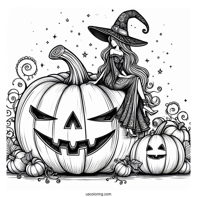 Pumpkin Coloring Page Witch Sitting On A Massive Jack O Lantern