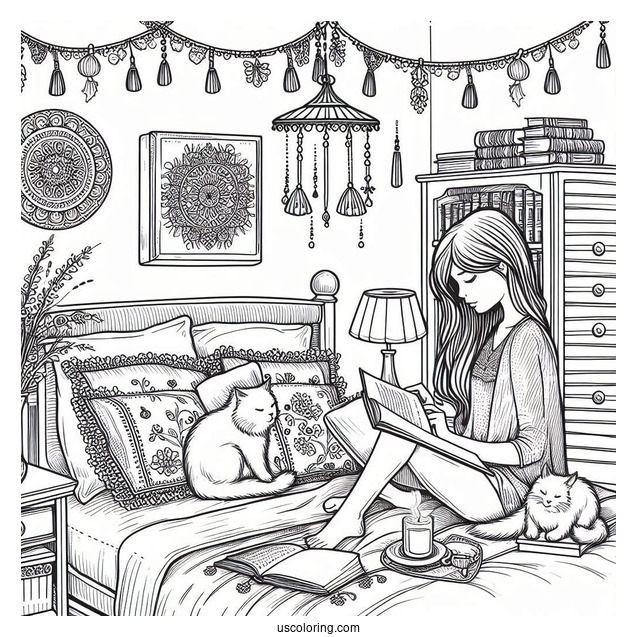 Bedroom Coloring Page Realistic Woman Reading On Her Bed With Cats
