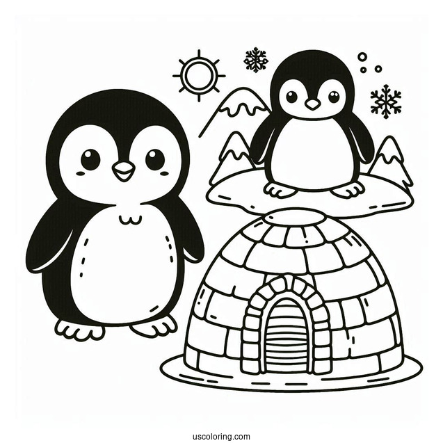 Cute Penguin With Igloo Coloring Sheet