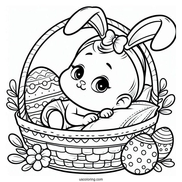 Baby Coloring Page With Bunny Ears In A Basket With Easter Eggs