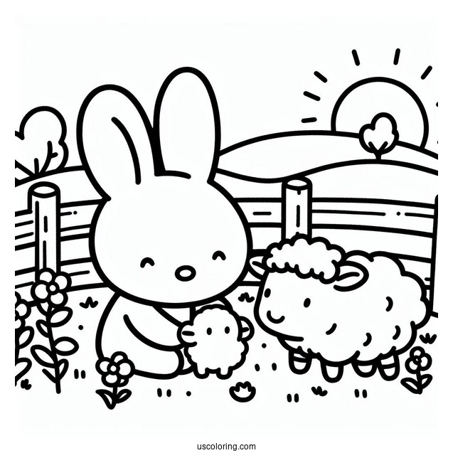 Miffy Coloring Page With Pig And Lamb In A Farm