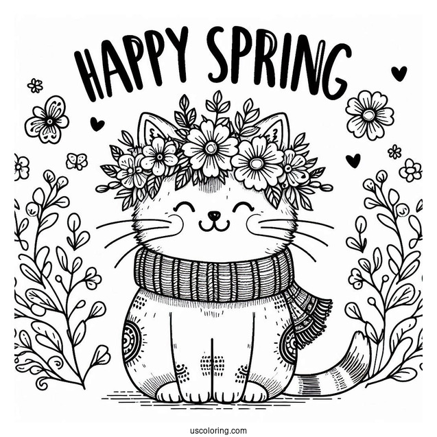 Happy Spring Words Above A Cat Wearing A Flower Wreath Coloring Sheet