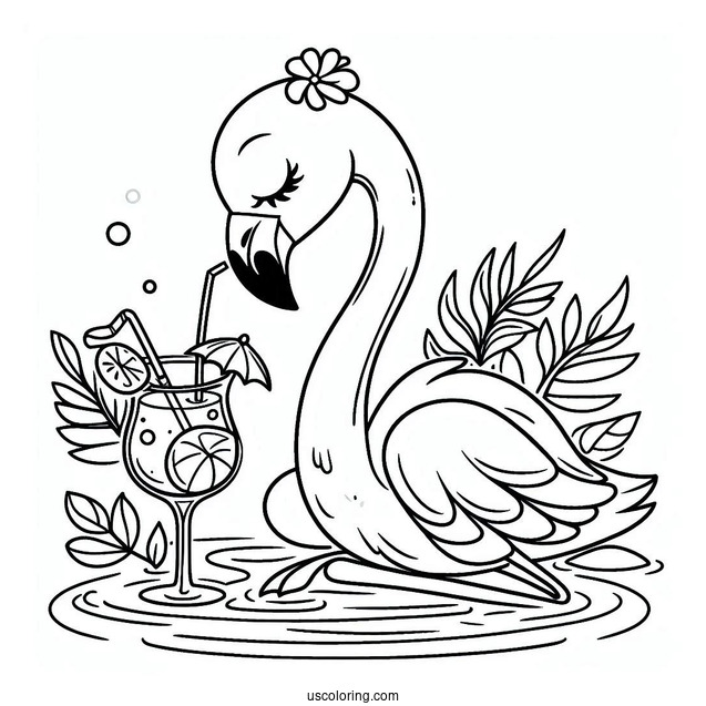 Flamingo Relaxing Drinking a Cocktail To Color