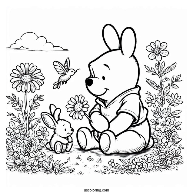 Winnie The Pooh Sitting On A Flower Field With A Rabbit Coloring Page