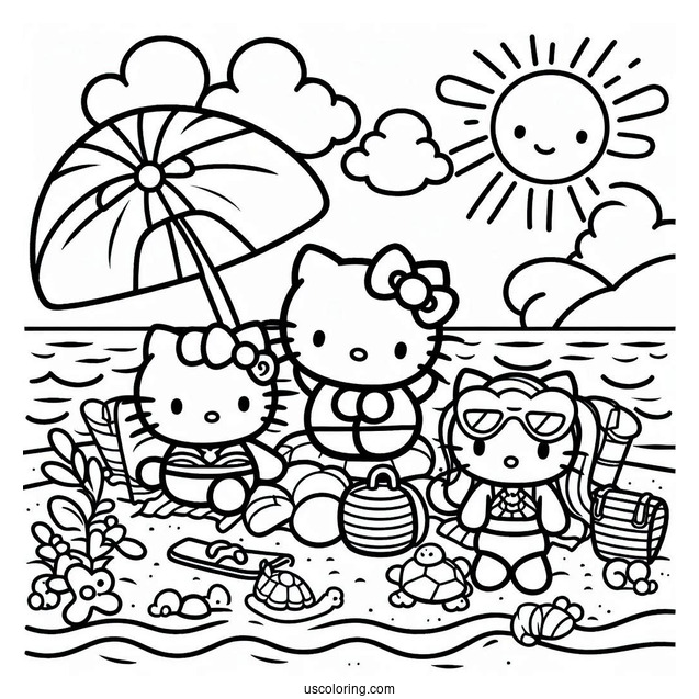 Hello Kitty And Friends Lounging At The Beach Coloring Page