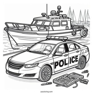 Police Car Coloring Page Parked On A Port Beside A Police Boat