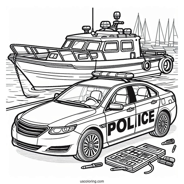 Police Car Coloring Page Parked On A Port Beside A Police Boat
