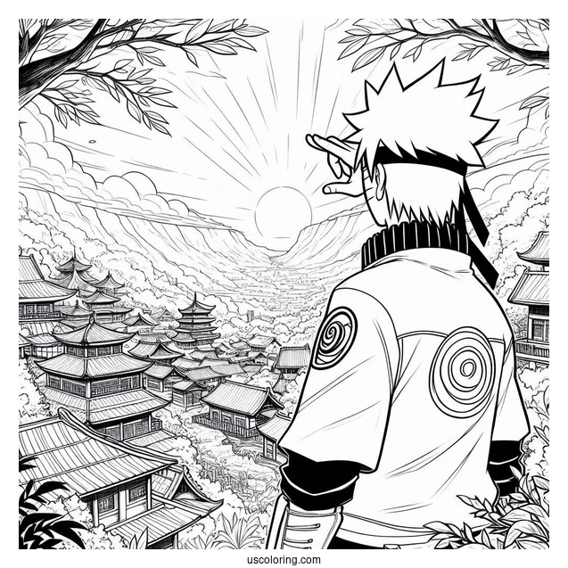 Hokage Naruto Coloring Page Overlooking Hidden Leaf Village