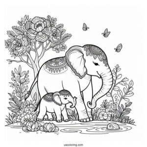 New Born Elephant With Mom Coloring Page
