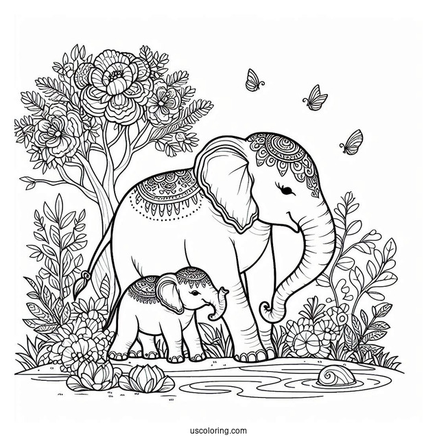 New Born Elephant With Mom Coloring Page