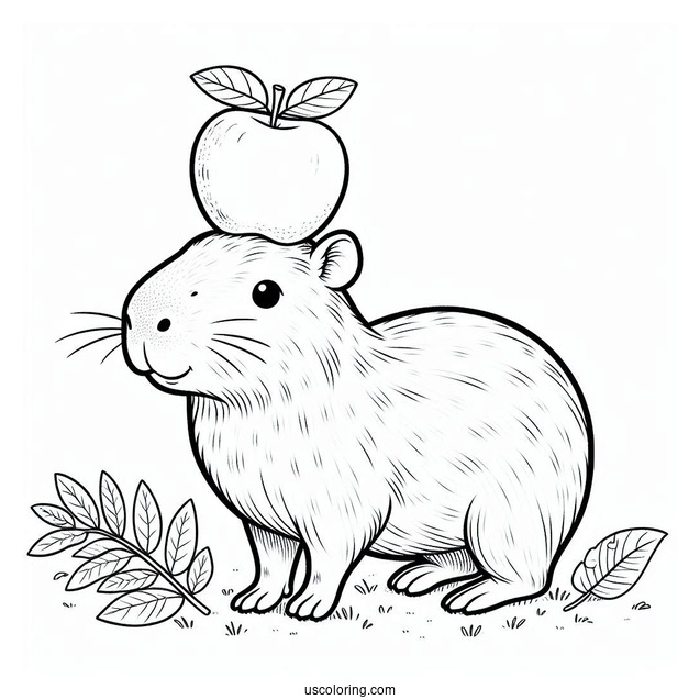 Easy Cute Capybara Coloring Page With An Apple On Its Head