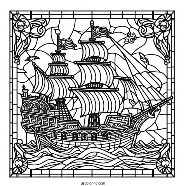 Detailed Pirate Ship Coloring Page Stained Glass