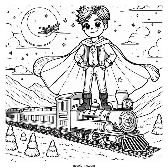 Hero Boy Standing On Top Of ThePolar Express Coloring Page Of Train