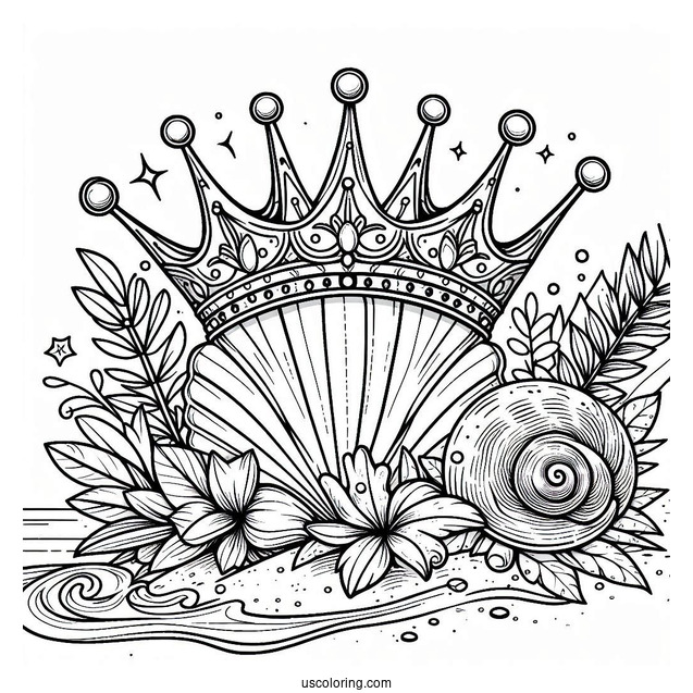 Seashell Crown Coloring Page on a Tropical Beach