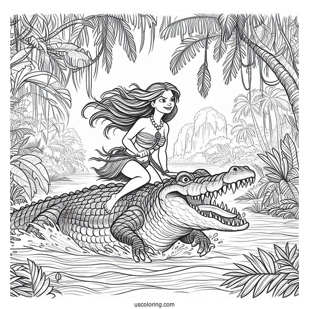 Tarzan Coloring Page And Jane Riding Crocodile In Jungle