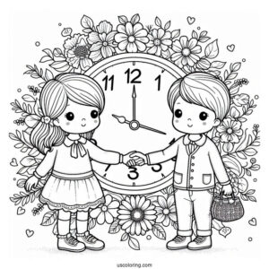 Two Children Holding Hands With a Clock