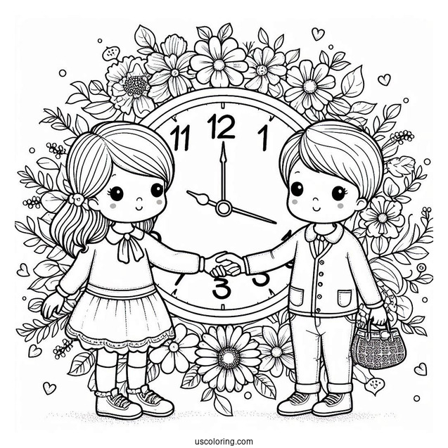 Two Children Holding Hands With a Clock