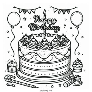 Cake With Happy Birthday Topper Coloring Sheet