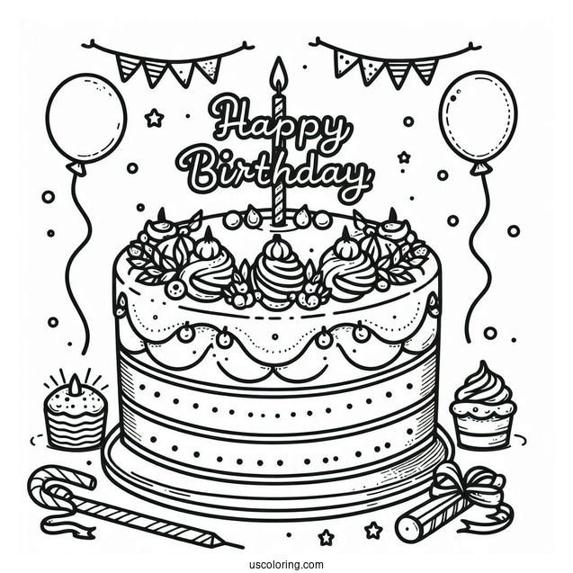 Cake With Happy Birthday Topper Coloring Sheet