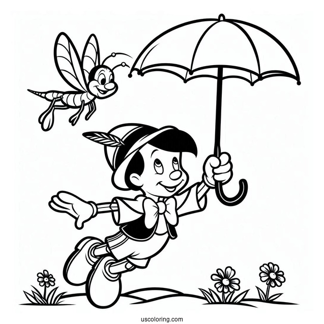 Pinocchio Coloring Page Of Jiminy Cricket Floating Down Using Umbrella