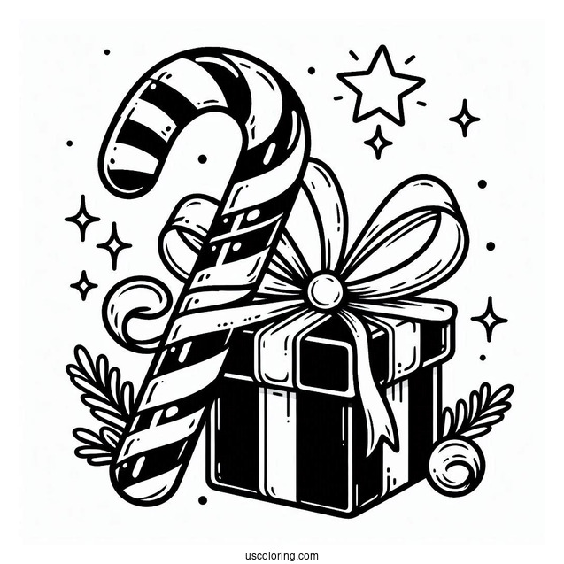 Candy Cane With Christmas Presents To Color