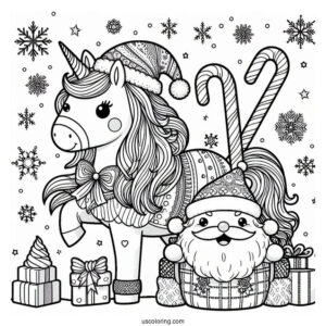 Unicorn With Santa Snow Flakes And Candy Cane