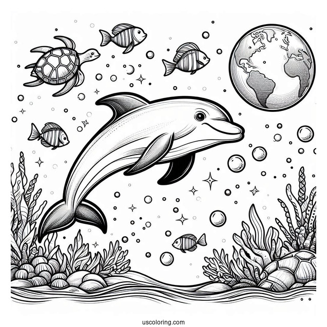 Dolphin Swimming With Fish And Turtle