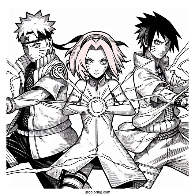 Naruto Coloring Page With Sasuke, Sakura, And Kakashi In Fight