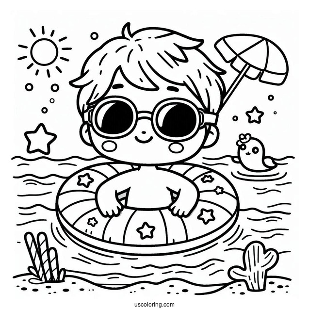 Swimming Coloring Page Of Boy Wearing Goggles And Pool Float For Preschoolers