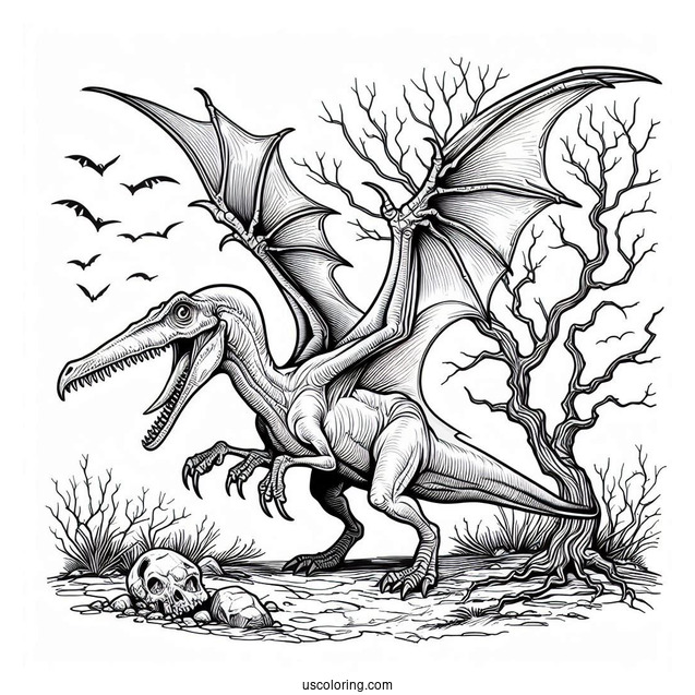 Scary Pterodactyl Coloring Page Standing On The Ground And Spreading Wings