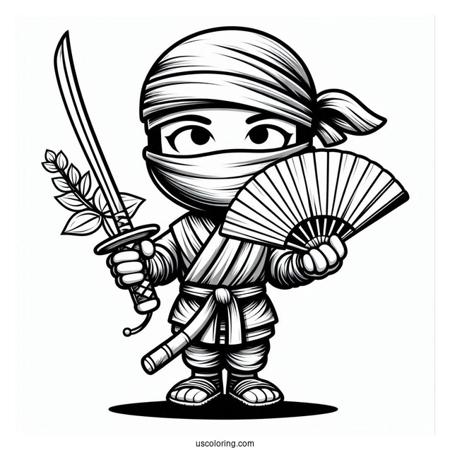 Ninja Holding A Sword And A Fan Coloring Page