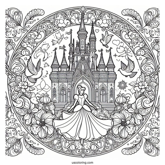 Fantastical Cinderella Mandala With A Castle And Doves
