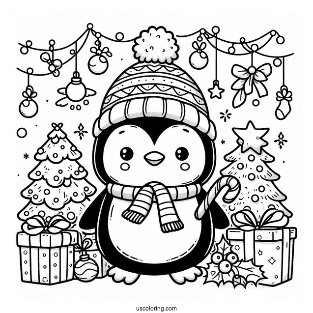 Cute Christmas Penguin With Decorations Coloring