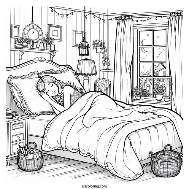 Woman Sleeping In Her Cozy Bedroom Coloring Page For Kids
