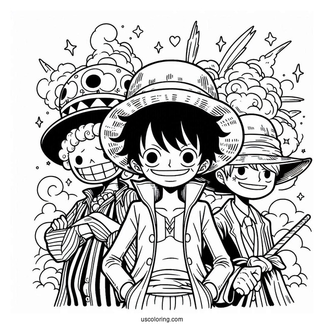 One Piece Coloring Page Of Straw Hat Pirate With Jimbei, Franky, And Brook