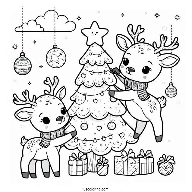 Two Cute Reindeer Decorating Christmas Tree