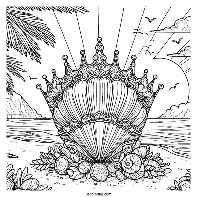 Seashell Crown Coloring Page on a Tropical Beach